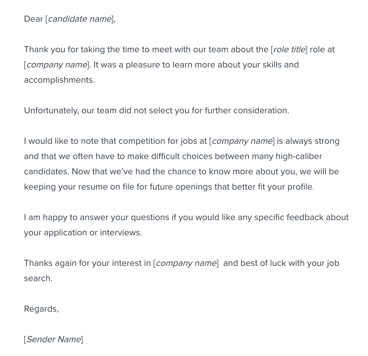 Post-interview rejection letter sample.