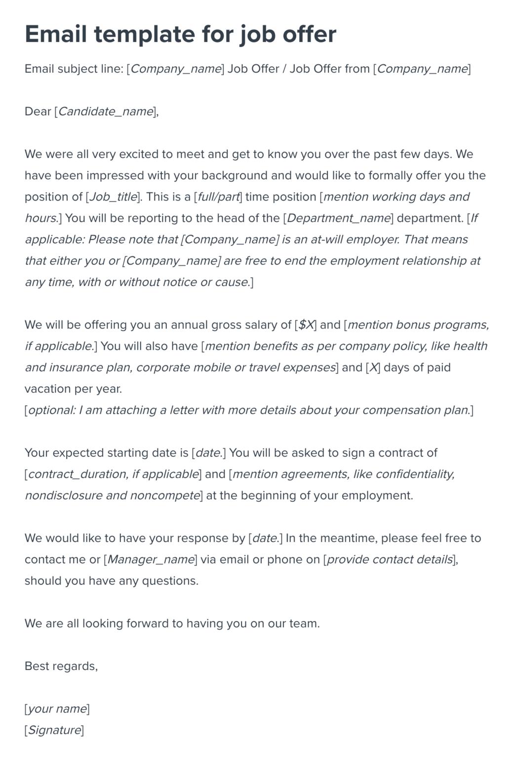 Job Offer Email Template Workable