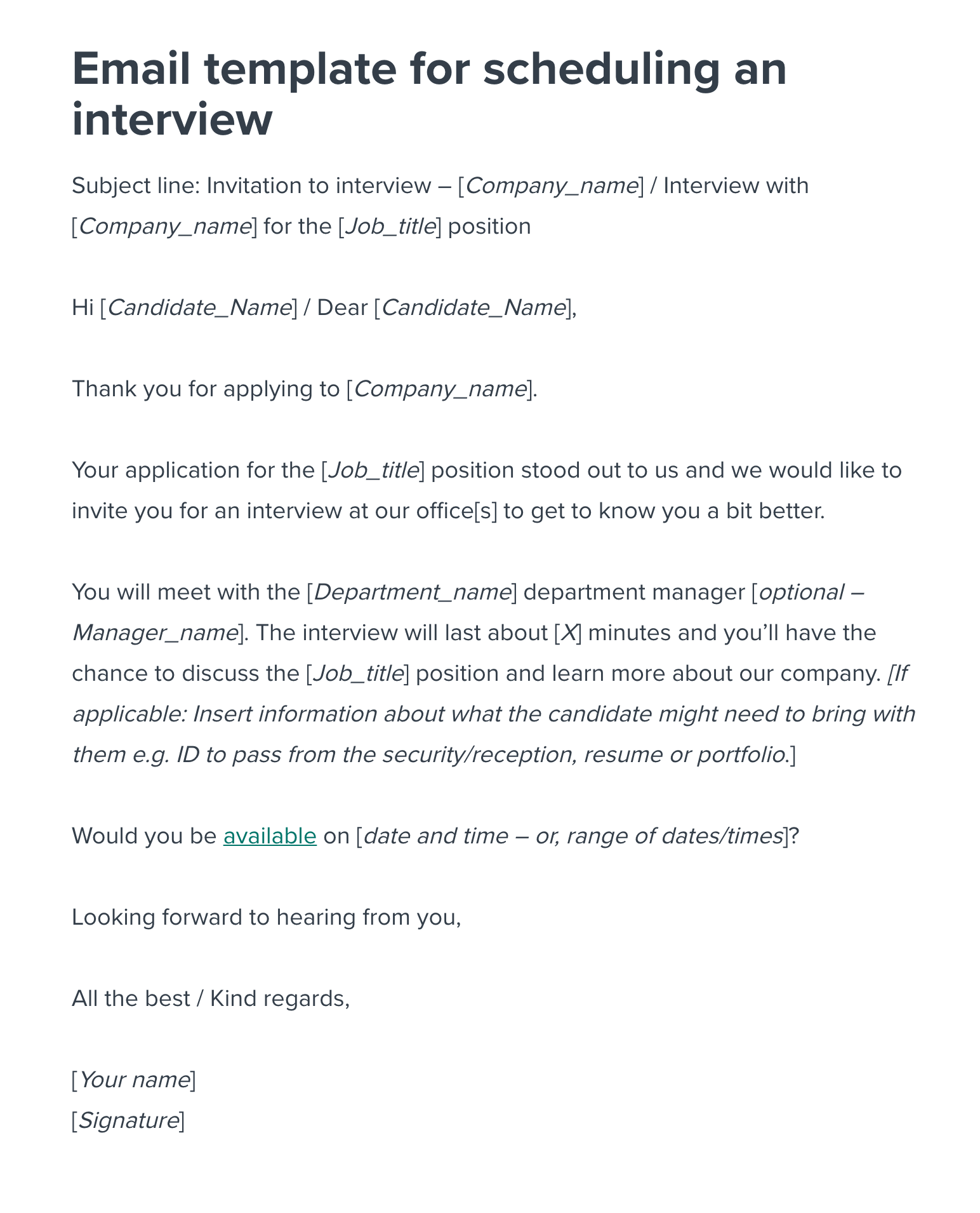 Scheduling an Interview Email Template  Workable Inside Thank You For Meeting Email Template
