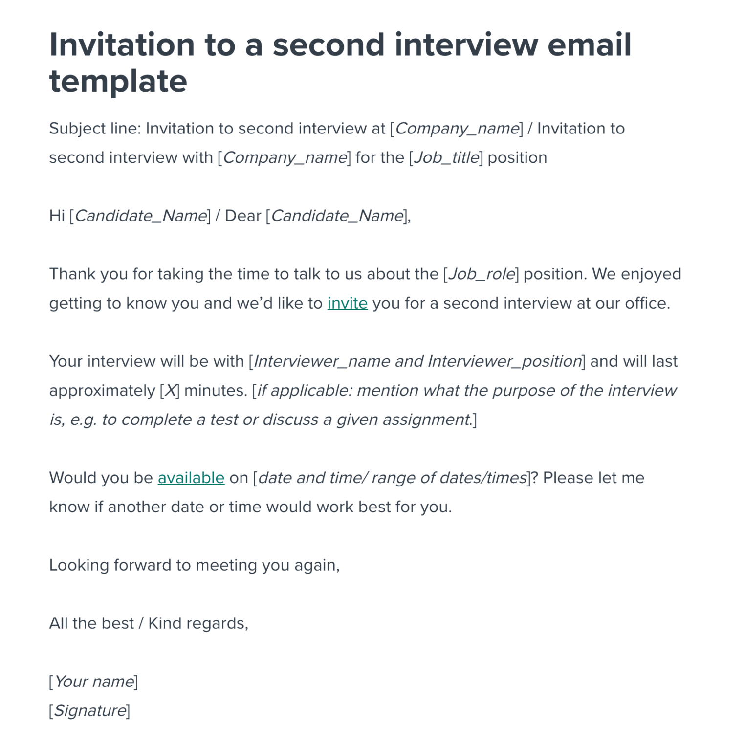 Second Interview Invitation Email Template Workable