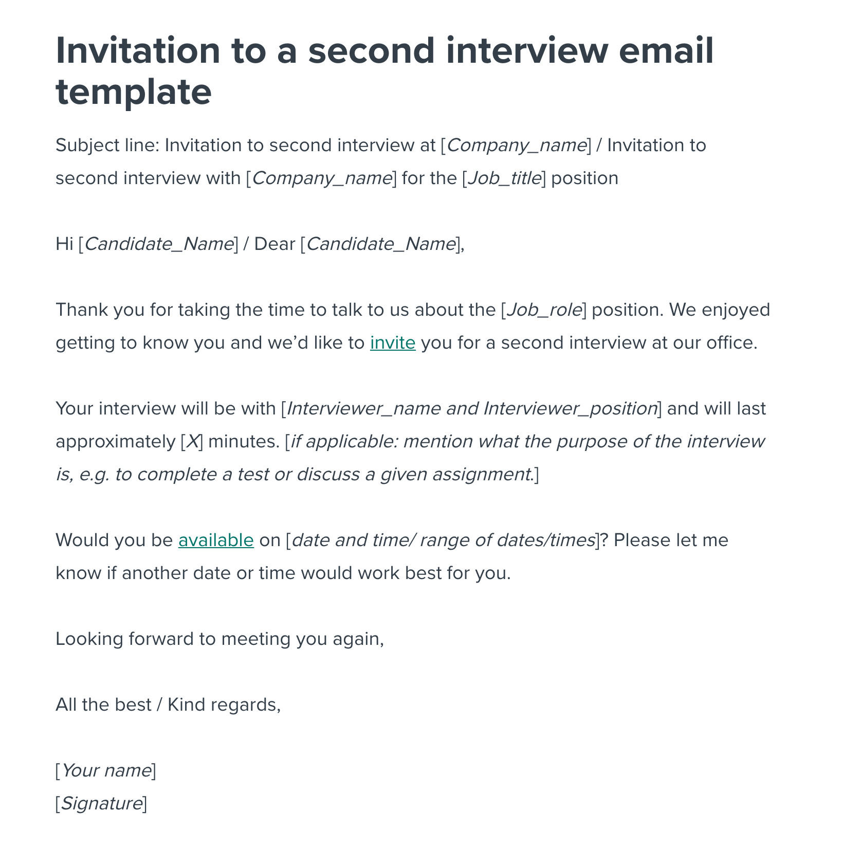 Second Interview Invitation Email Template | Workable