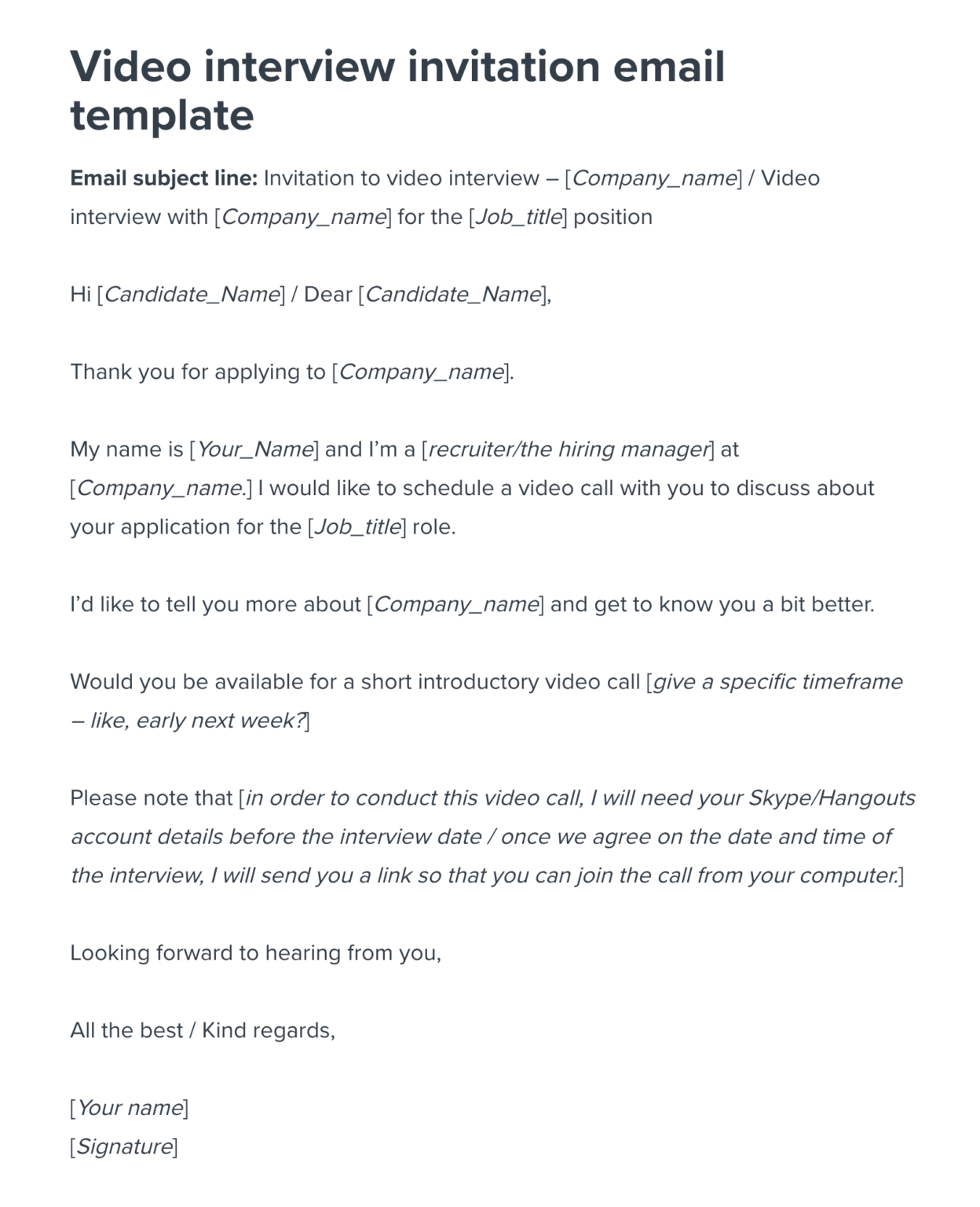 Video Interview Invitation Email Template | Workable