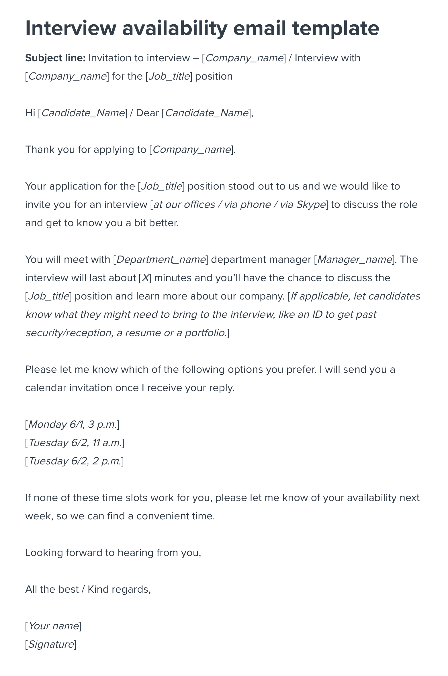 Interview availability email template | Workable