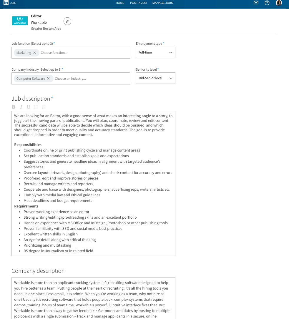LinkedIn Write Job Description