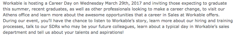 Creative recruitment strategies | Workable Careers Day ad