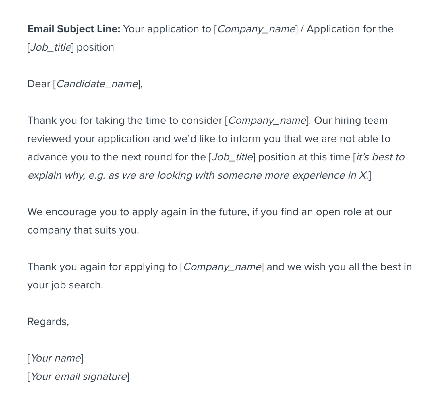 Job application rejection email template Workable