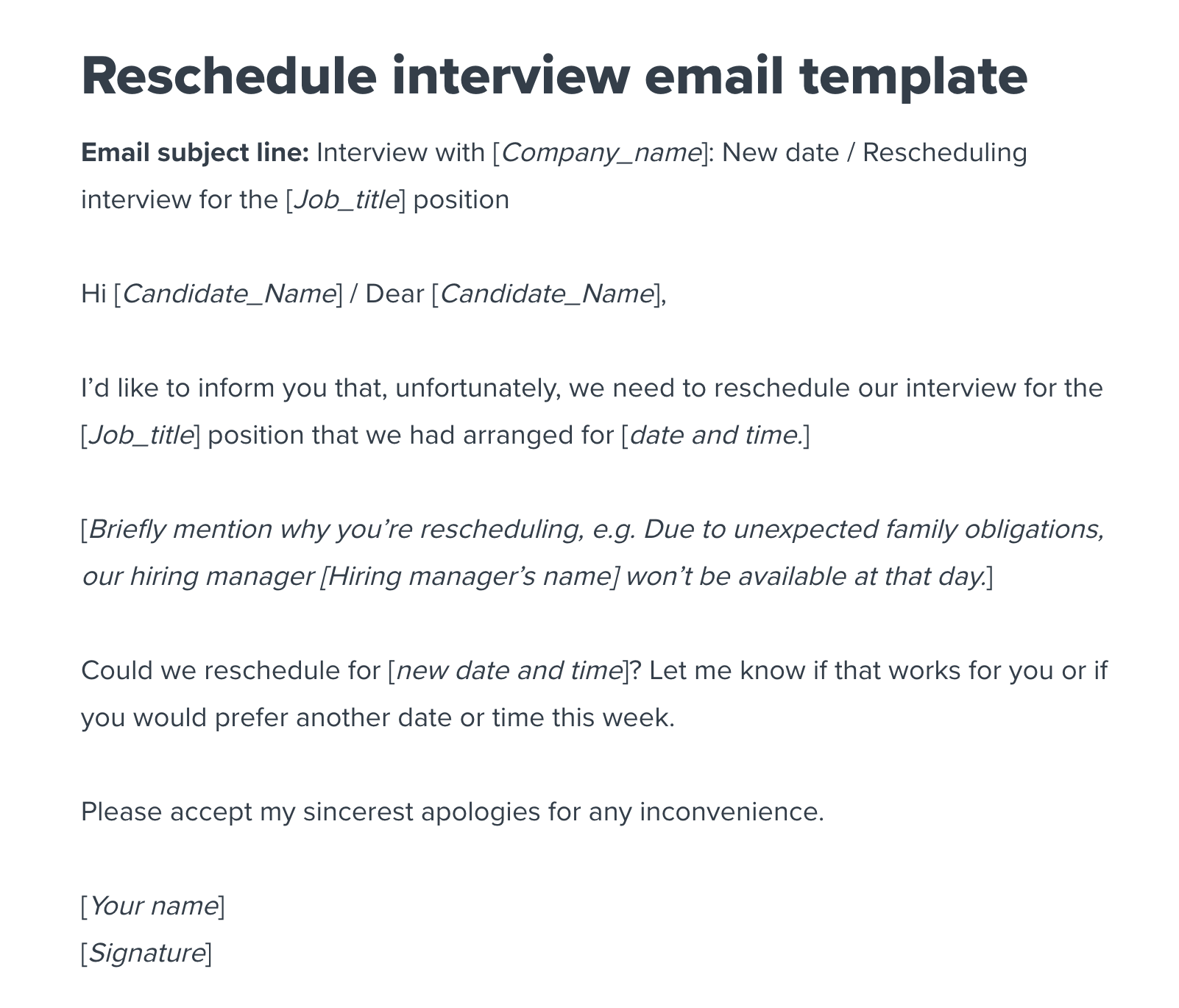Reschedule interview email template (from employer)  Workable For Reschedule Meeting Email Template