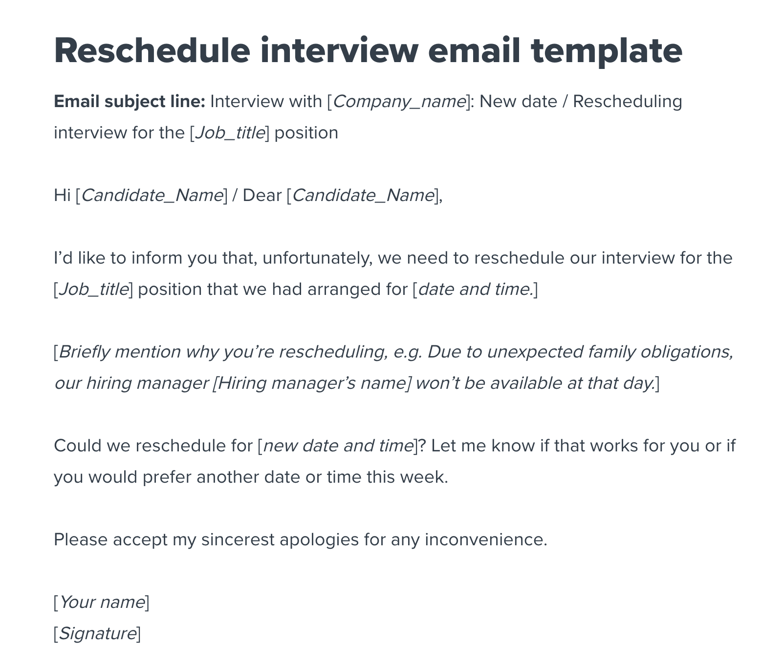 Reschedule interview email template from employer Workable