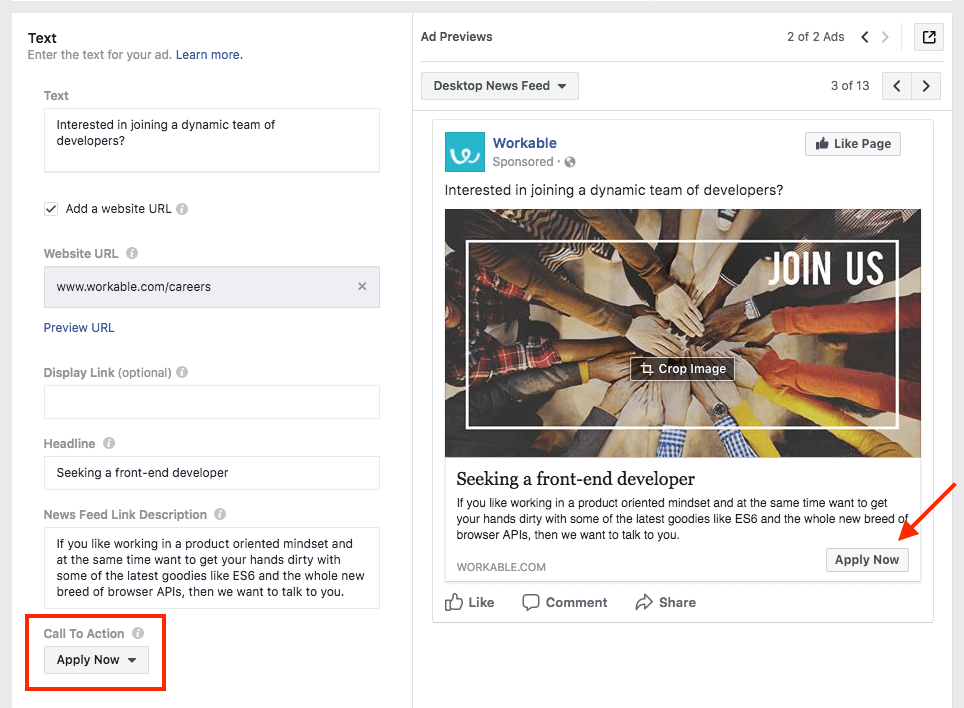 Facebook job ads | call to action