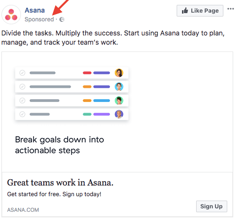 Facebook job ads | example Asana