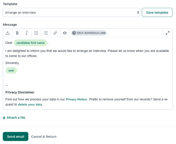 Interview scheduling email template in Workable