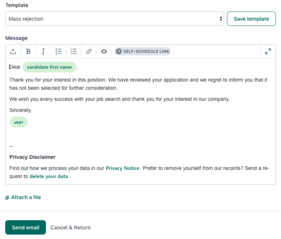 Applicant rejection email template in Workable