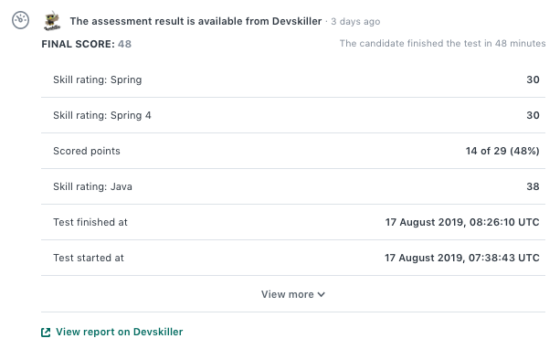 Candidate assessments through Devskiller offered in Workable