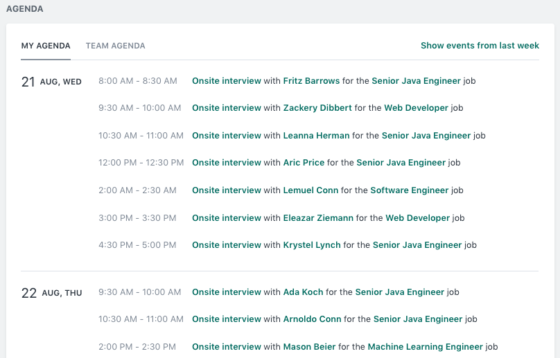 Workable calendar view with interviews scheduled
