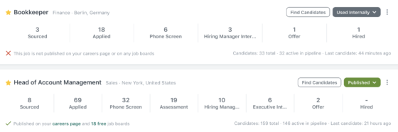 View of customizable hiring pipelines per job in Workable