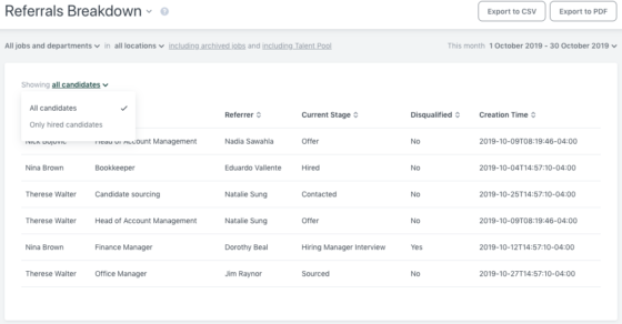 Referrals breakdown report from Workable