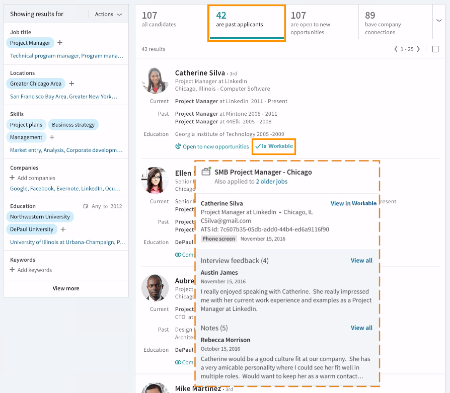 LinkedIn Recruiter System Connect | past applicants from Workable