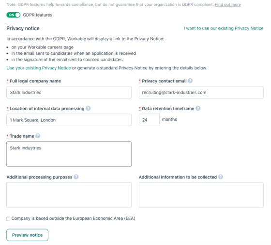 gdpr privacy notice template Workable ATS