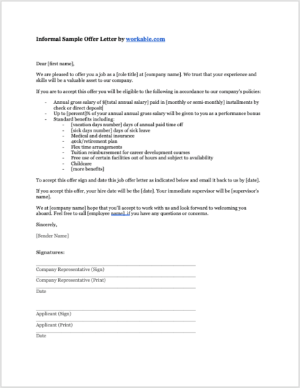 informal job offer letter template