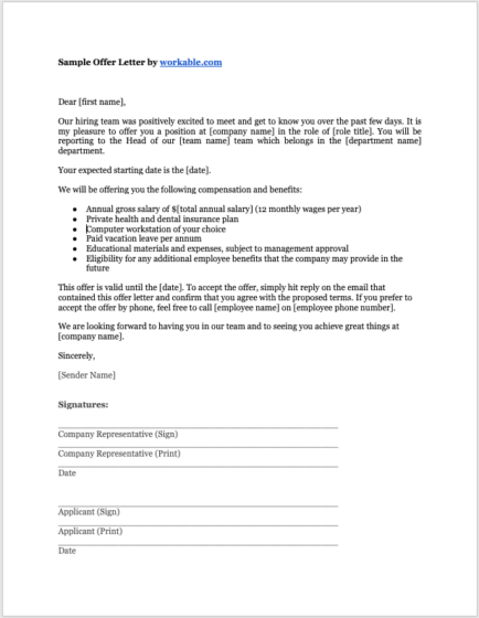 Workable's job offer letter example