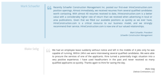 Construction job boards – iHireConstruction testimonials