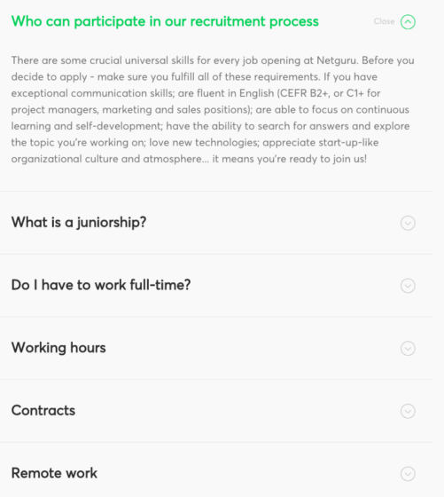 Recruitment FAQs at Netguru's careers page