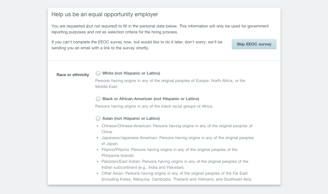 Equal opportunity employer / EEOC survey in Workable