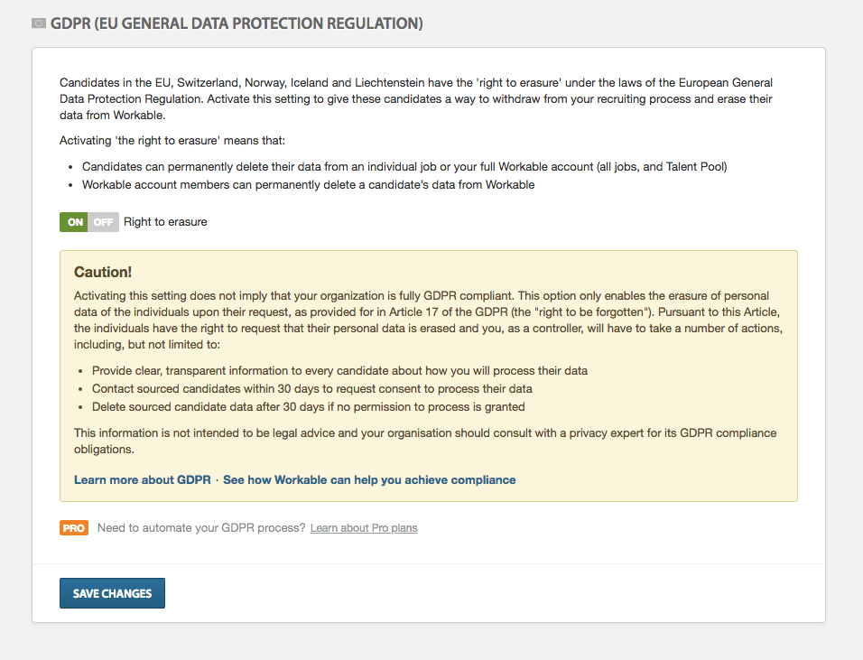Enable the 'Right to erasure' feature to enable candidates to delete their data from your records in Workable