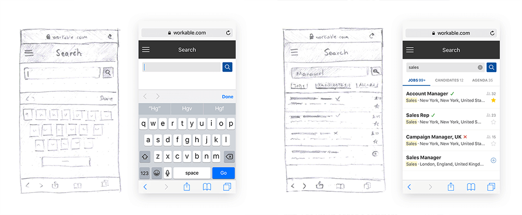 Wireframes and mockups of the search functionality 