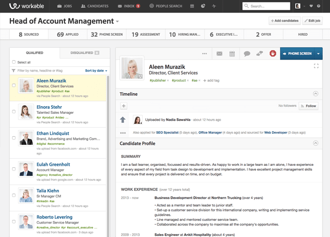 View detailed candidate profiles in Workable