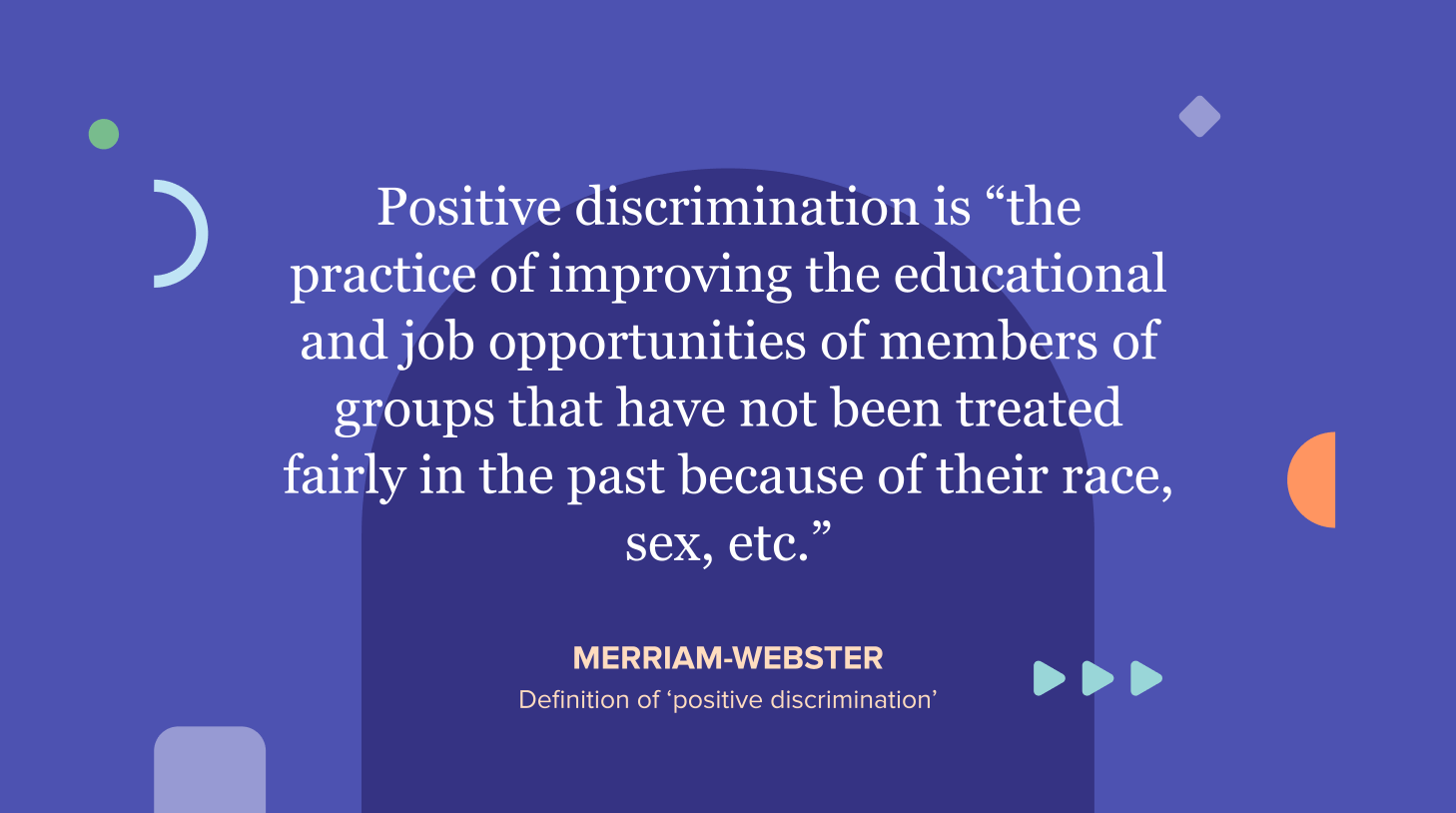 definition of positive discrimination: "the practice of improving the educational and job opportunities of members of groups that have not been treated fairly in the past because of their race, sex, etc." according to Merriam-Webster